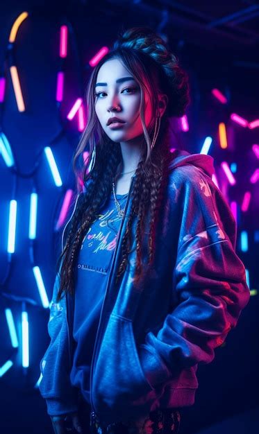 Premium Ai Image A Woman In A Blue Hoodie Stands In Front Of A Neon