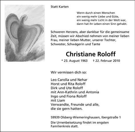 Traueranzeigen Von Christiane Roloff Trauer In NRW De