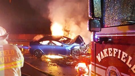 Tesla Goes Up In Flames After Single Car Crash In Wakefield