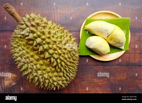 Durian And Durian Peel Serve On Wooden Dish Durian Is King Of