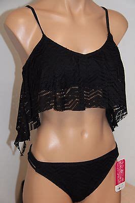 Nwt Hula Honey Swimsuit Bikini Pc Set Sz S Black Longer Sides Crochet