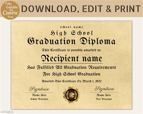 Editable High School Diploma Template, Diploma Certificate, Canva Template, Keepsake for ...