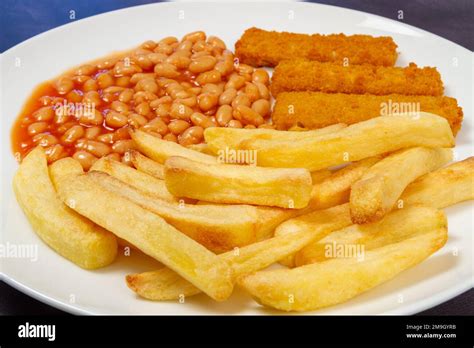 Chips With Fish Fingers And Baked Beans Stock Photo Alamy