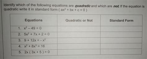 Solved Identify Which Of The Following Equations Are Quadratic And