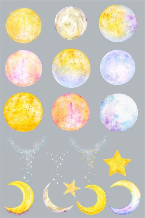 Watercolor Moon And Star Clipart Digital Download Lunar Images Full