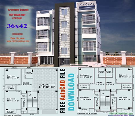 Elevation Designs For 4 Floors Building 36 X 42 Autocad And Pdf