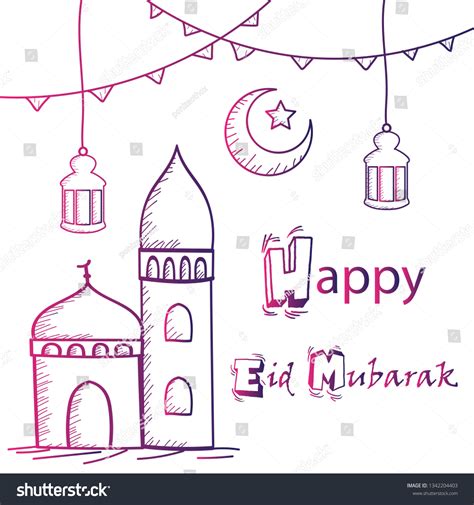 Happy Eid Mubarak Greeting Hand Drawing Stock Vector Royalty Free