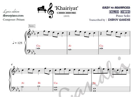 Khairiyat Sheet Music English Notes Midi Piano Tutorial