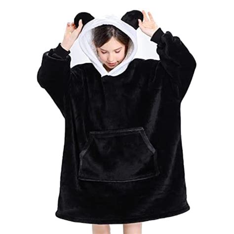 Oversized Sherpa Wearable Blanket Hoodie With Big Pocket Black Panda