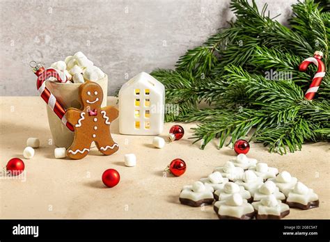Christmas Food And Drink Concept Gingerbread Man Cookies And A Cup Of Hot Chocolate With