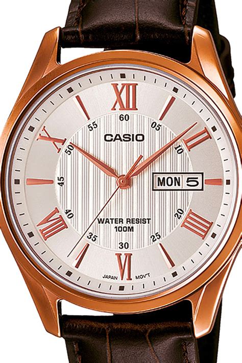 Casio, Кварцов часовник с кожена каишка, Тъмно кафяв - eMAG.bg