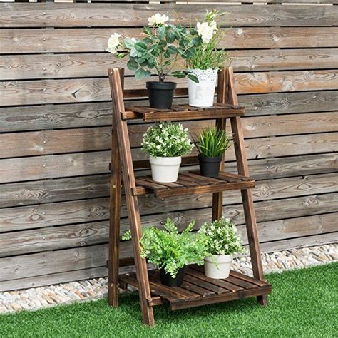 Giantex 3 Tier Folding Wood Flower Pot Shelf Stand Wooden Display Rack