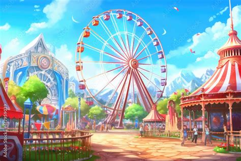 Theme park amusement park animation background with Ferris wheel anime ...