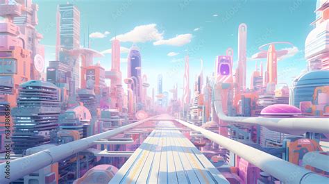 colorful pastel animation of futuristic city, cartoon style Stock Photo ...