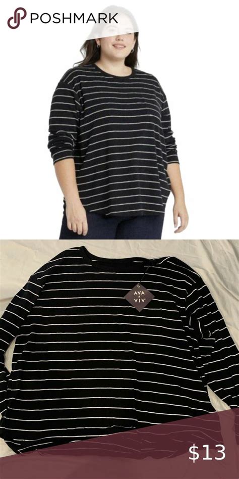 Womens Plus Size Long Sleeve Pocket T Shirt Ava And Viv Black And White