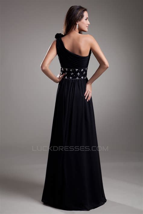 A Line One Shoulder Beaded Black Floor Length Prom Formal Evening