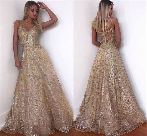 Gold Sparkle Sequins Long Formal Party Dresses Straps A Line Tulle Sexy ...