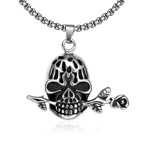 Wholesale Rock Punk 316l Stainless Steel Skull With Flower Pendant Necklaces For Men Mens