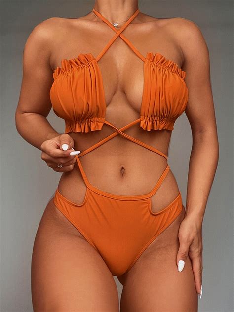 Halter Pleated Ruched Mid Waist Bikini Women Swimwear Female Swimsuit