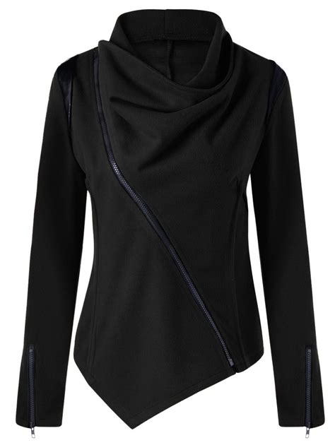 [20 Off] Zip Cuff Cowl Neck Asymmetrical Jacket Rosegal