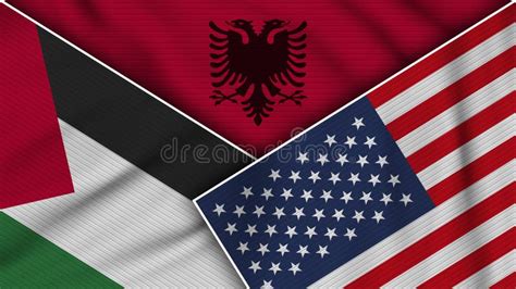 Albania And Palestine Two Flags Textile Cloth Fabric Texture Stock