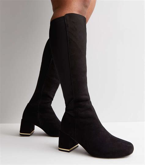 Wide Fit Black Suedette Metal Block Heel Knee High Boots New Look