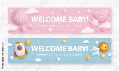 Set Of Baby Shower Invitation With Cartoon Hot Air Balloon Rocket Helium Balloons And Clouds