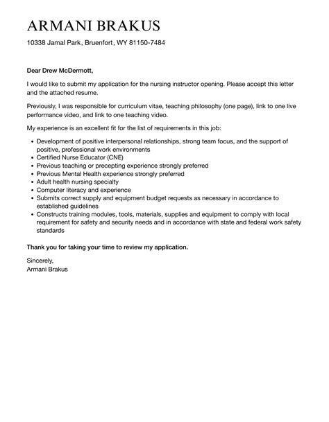 Nursing Instructor Cover Letter Velvet Jobs