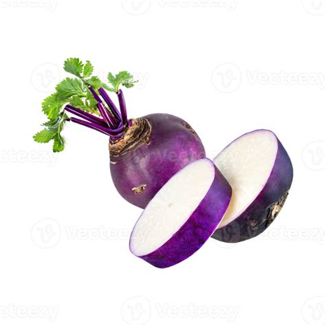 AI Generated Floating Of Purple Daikon With Root And Sliced Of It