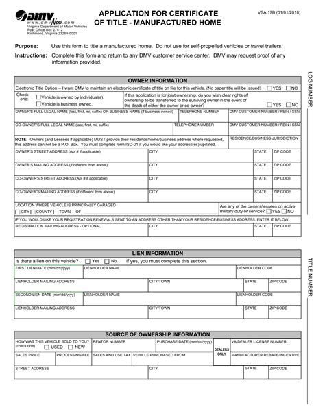 Form Vsa 17b Certificate Of Title Manufactured Home Application For