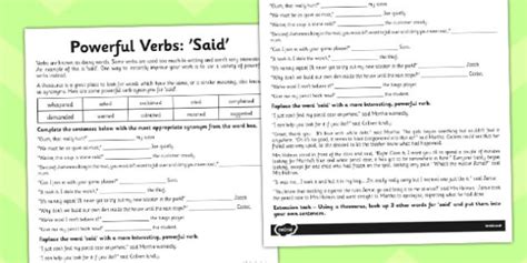 Synonyms For Said Worksheet Powerful Verbs Ks2 Resource