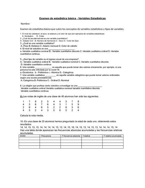 Examen De Estad Stica B Sica Examen De Estad Stica B Sica Variables