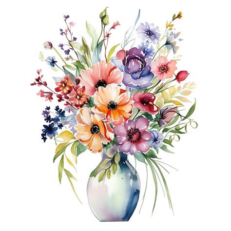 Premium Ai Image Vase With Beautiful Multicolor Flowers Watercolor