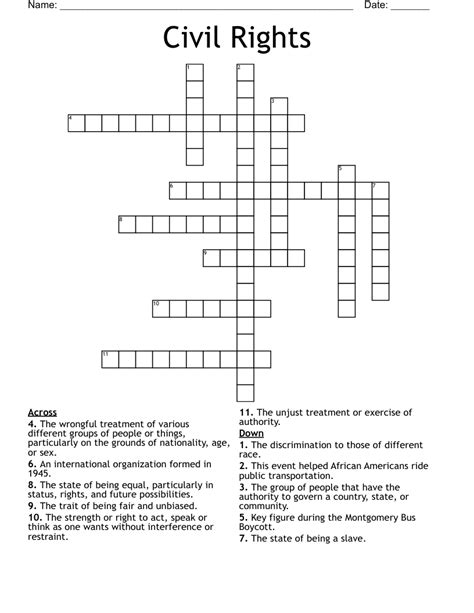 Crossword Puzzle American Civil Rights Movement