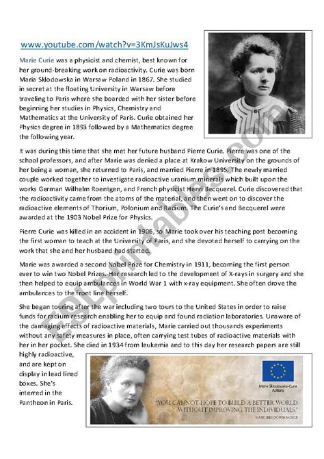 Marie Curie Biography Second Grade Worksheet