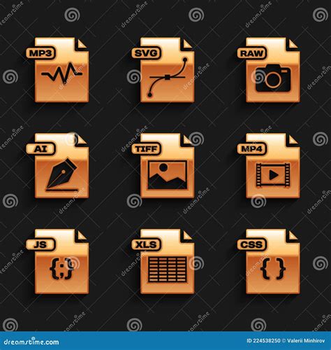 Set TIFF File Document XLS CSS MP4 JS AI RAW And MP3 Icon Vector