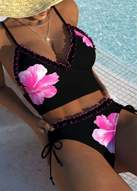 Tie Mid Waisted Floral Print Black Bikini Set An Amazing 36 98 Swimwear For Women 377797 Modlily