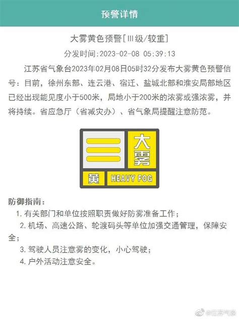 江苏省气象台发布大雾黄色预警，苏北有浓雾或强浓雾 全省 地区 降水