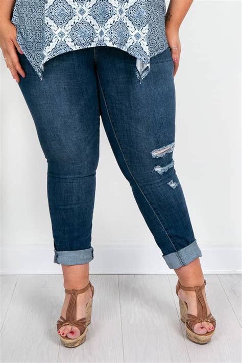 Cuff Hem Jeans with Rips in Deep Wash