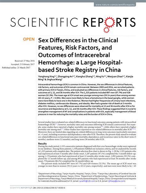 Pdf Sex Differences In The Clinical Features Risk Factors And Outcomes Of Intracerebral