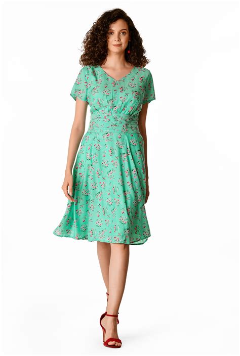 Shop Floral Print Modal Pleat Waist Dress Eshakti