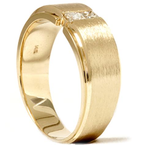 Mens Gold Princess Cut Diamond Brushed Wedding Ring | eBay