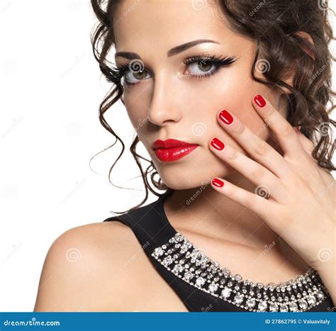 Beautiful Fashion Model With Red Manicure And Lips Stock Image Image