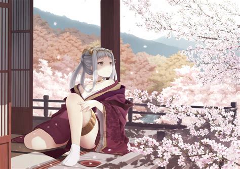 Wallpaper Long Hair Anime Girls Brown Eyes Gray Hair Cherry