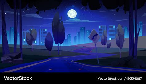 Night road to city in forest landscape background Vector Image