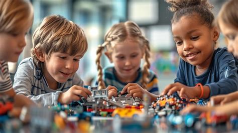 Niños jugando con legos en un aula Imagen Premium generada con IA