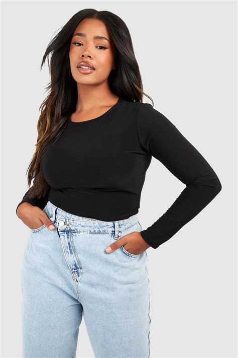 Black Plus Crew Neck Long Sleeve Top Boohoo Uk