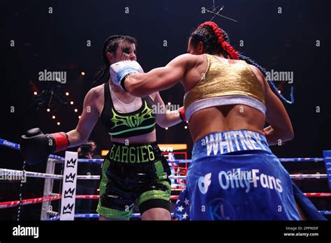 LONDON, UK - APRIL 22: Avery Pongracz battles Whitney Johns in their 140 lbs fight during the ...