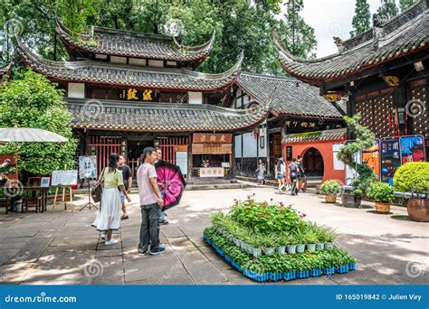 Wenshu Monastery Buddhist Temple Entrance With Chinese Tourists In