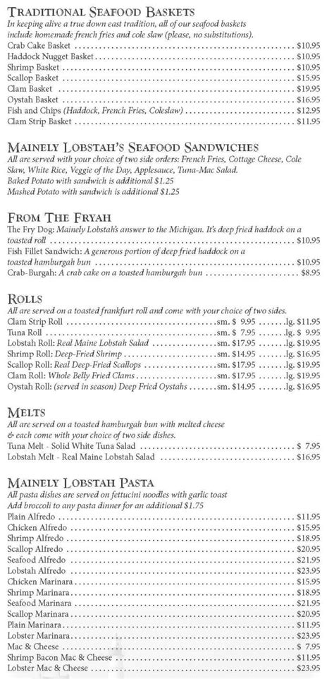 Mainely Lobster & Seafood Menu, Plattsburgh, NY